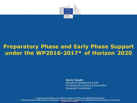 Research & Innovation Preparatory Phase and Early Phase Support under the WP2016-2017* of Horizon 2020 Harry Tuinder Research Infrastructure Unit DG Research,