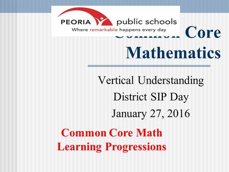 Common Core Mathematics Vertical Understanding District SIP Day January 27, 2016 Common Core Math Learning Progressions.