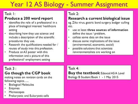 Year 12 AS Biology - Summer Assignment Task 1: Produce a 200 word report identifies the role of a professional in a place of biological interest/ healthcare.