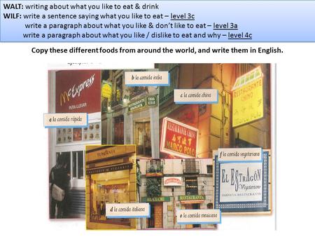 Copy these different foods from around the world, and write them in English. WALT: writing about what you like to eat & drink WILF: write a sentence saying.