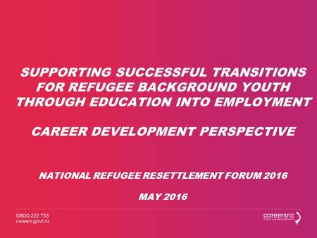 SUPPORTING SUCCESSFUL TRANSITIONS FOR REFUGEE BACKGROUND YOUTH THROUGH EDUCATION INTO EMPLOYMENT CAREER DEVELOPMENT PERSPECTIVE NATIONAL REFUGEE RESETTLEMENT.