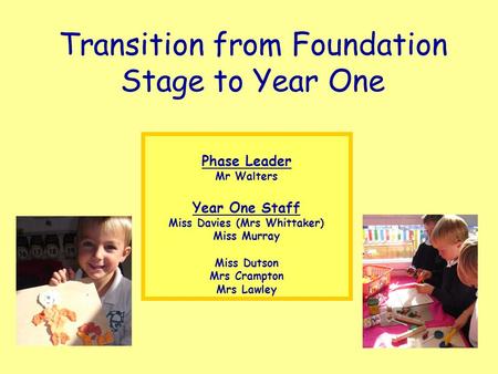Transition from Foundation Stage to Year One Phase Leader Mr Walters Year One Staff Miss Davies (Mrs Whittaker) Miss Murray Miss Dutson Mrs Crampton Mrs.