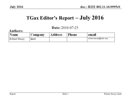 Doc.: IEEE 802.11-16/0995r0 Report July 2016 Robert Stacey, IntelSlide 1 TGax Editor’s Report – July 2016 Date: 2016-07-25 Authors: