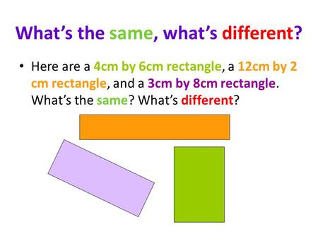 Here are a 4cm by 6cm rectangle, a 12cm by 2 cm rectangle, and a 3cm by 8cm rectangle. What’s the same? What’s different? What’s the same, what’s different?