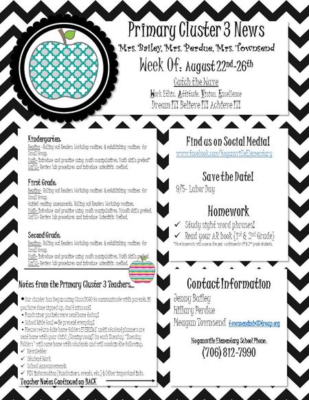 Primary Cluster 3 News Mrs. Bailey, Mrs. Perdue, Mrs. Townsend Week Of: August 22 nd -26 th Catch the Wave W ork Ethic, A ttitude, V ision, E xcellence.