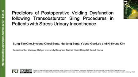Interna tional Neurourology Journal 2010;14:26-33 Predictors of Postoperative Voiding Dysfunction following Transobsturator Sling Procedures in Patients.