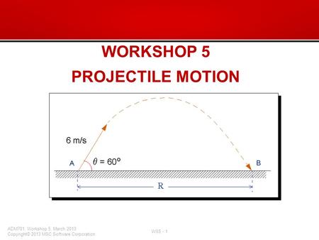 WORKSHOP 5 PROJECTILE MOTION. Workshop Objectives –To compute the range, R, when a stone is launched as a projectile with an initial speed of 6 m/s.