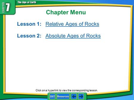 Chapter Menu Lesson 1:Relative Ages of RocksRelative Ages of Rocks Lesson 2:Absolute Ages of RocksAbsolute Ages of Rocks Click on a hyperlink to view.