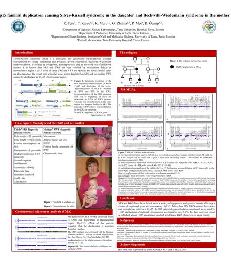 11p15 familial duplication causing Silver-Russell syndrome in the daughter and Beckwith-Wiedemann syndrome in the mother R. Teek 1, T. Kahre 1,2, K. Muru.