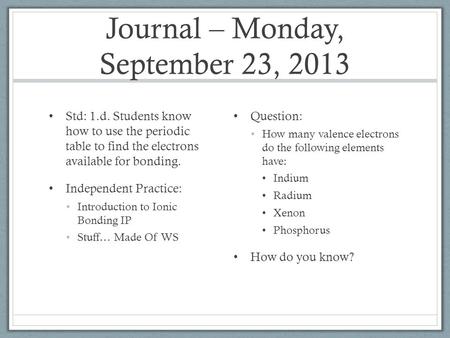 Journal – Monday, September 23, 2013 Std: 1.d. Students know how to use the periodic table to find the electrons available for bonding. Independent Practice: