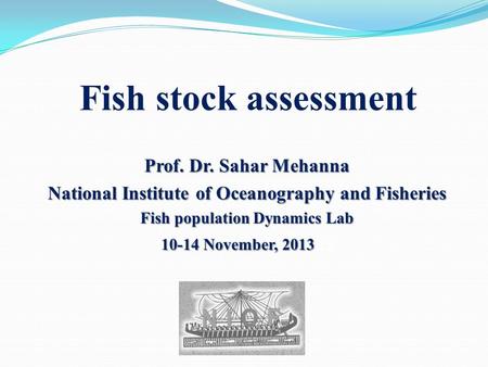 Fish stock assessment Prof. Dr. Sahar Mehanna National Institute of Oceanography and Fisheries Fish population Dynamics Lab 10-14 November, 2013 10-14.