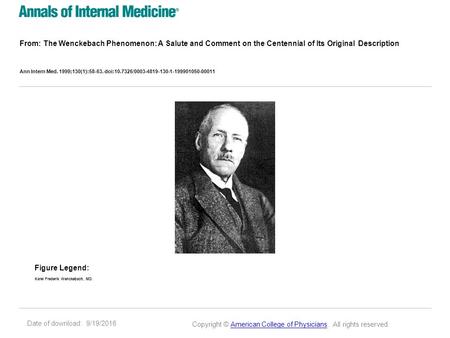 Date of download: 9/19/2016 From: The Wenckebach Phenomenon: A Salute and Comment on the Centennial of Its Original Description Ann Intern Med. 1999;130(1):58-63.