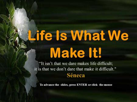 Life Is What We Make It! “It isn’t that we dare makes life difficult; it is that we don’t dare that make it difficult. Séneca To advance the slides,