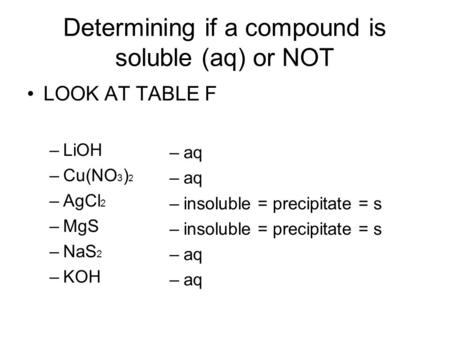 Determining if a compound is soluble (aq) or NOT LOOK AT TABLE F –LiOH –Cu(NO 3 ) 2 –AgCl 2 –MgS –NaS 2 –KOH –aq –insoluble = precipitate = s –aq.
