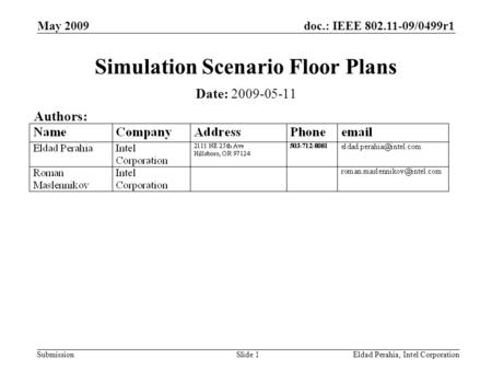 Doc.: IEEE 802.11-09/0499r1 Submission May 2009 Eldad Perahia, Intel CorporationSlide 1 Simulation Scenario Floor Plans Date: 2009-05-11 Authors: