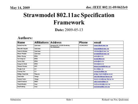 Doc.:IEEE 802.11-09/0633r0 Submission Richard van Nee, Qualcomm May 14, 2009 Slide 1 Strawmodel 802.11ac Specification Framework Authors: Date: 2009-05-13.