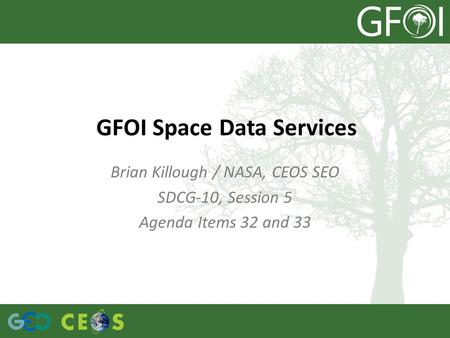 Brian Killough / NASA, CEOS SEO SDCG-10, Session 5 Agenda Items 32 and 33 GFOI Space Data Services.