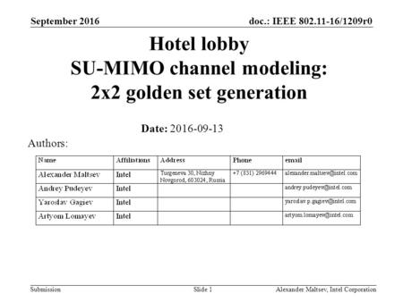 Doc.: IEEE 802.11-16/1209r0 Submission Hotel lobby SU-MIMO channel modeling: 2x2 golden set generation Date: 2016-09-13 September 2016 Alexander Maltsev,