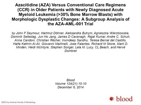 Azacitidine (AZA) Versus Conventional Care Regimens (CCR) in Older Patients with Newly Diagnosed Acute Myeloid Leukemia (>30% Bone Marrow Blasts) with.