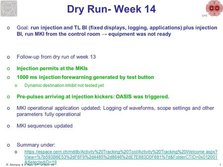 R. Alemany & V. Kain, 21 st of April ‘09 LHC Dry Run- Week 14 oGoal: run injection and TL BI (fixed displays, logging, applications) plus injection BI,