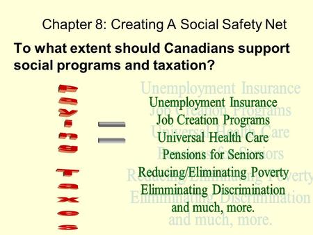To what extent should Canadians support social programs and taxation? Chapter 8: Creating A Social Safety Net.