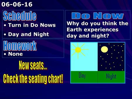 Turn in Do Nows Turn in Do Nows Day and Night Day and Night Why do you think the Earth experiences day and night? None None06-06-16.
