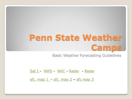 Penn State Weather Camps Basic Weather Forecasting Guidelines Sat I Sat I - NWS - NHC - Radar - RadarNWSNHCRadar sfc. map 1 sfc. map 1 - sfc. map 2 – sfc.