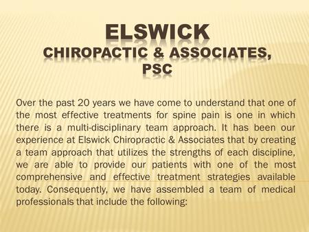 Over the past 20 years we have come to understand that one of the most effective treatments for spine pain is one in which there is a multi-disciplinary.