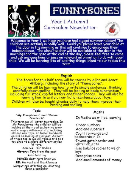 Year 1 Autumn 1 Curriculum Newsletter Welcome to Year 1, we hope you have had a good summer holiday! The children are settling in really well. Could you.