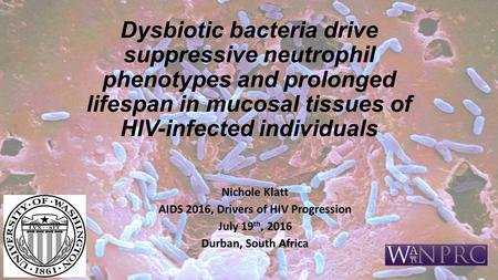 Dysbiotic bacteria drive suppressive neutrophil phenotypes and prolonged lifespan in mucosal tissues of HIV-infected individuals Nichole Klatt AIDS 2016,