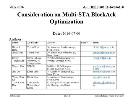 Submission doc.: IEEE 802.11-16/0961r0 July 2016 Hanseul Hong, Yonsei UniversitySlide 1 Consideration on Multi-STA BlockAck Optimization Date: 2016-07-00.