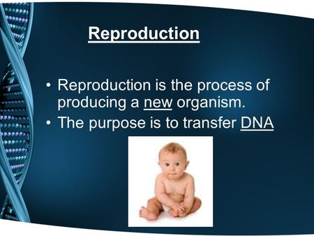 Reproduction Reproduction is the process of producing a new organism. The purpose is to transfer DNA.