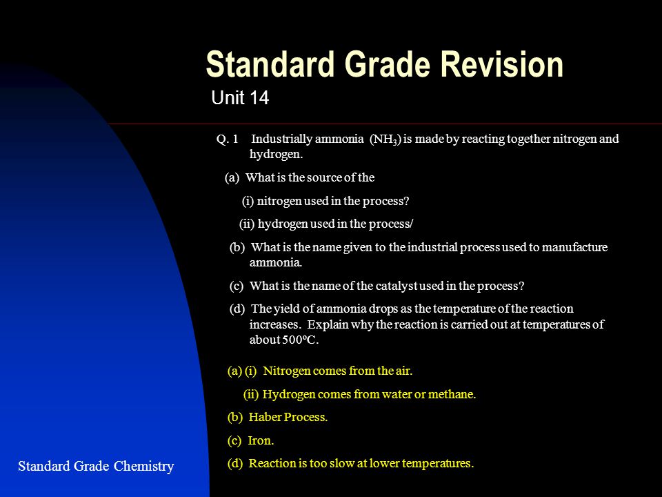 Standard Grade Revision Unit 14 Q 1 Industrially Ammonia Nh 3 Is Made By Reacting Together Nitrogen And Hydrogen A What Is The Source Of The I Ppt Download