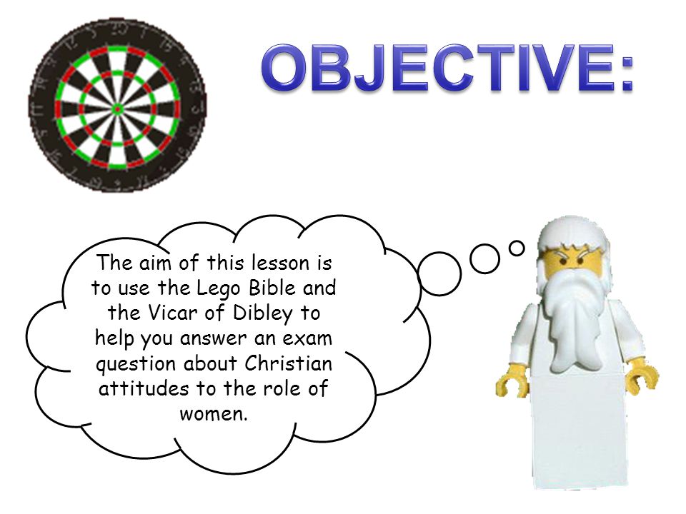 OBJECTIVE: aim of this lesson is to use the Lego Bible and the Vicar of Dibley to help you answer an exam question Christian attitudes to - ppt video