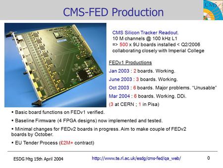 ESDG Mtg 15th April CMS-FED Production FEDv1 Productions Jan 2003 : 2 boards. Working. June 2003 : 3.