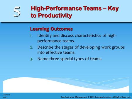 Chapter 5 Administrative Management © 2015 Cengage Learning. All Rights Reserved. Slide 1 5 High-Performance Teams – Key to Productivity Learning Outcomes.
