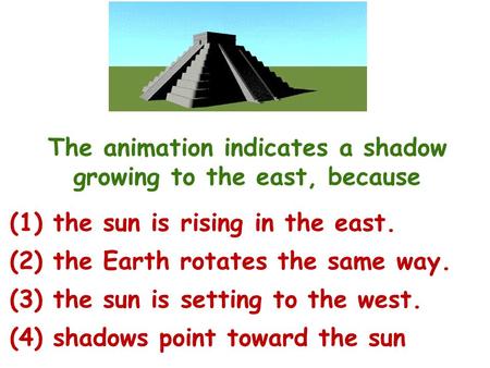 The animation indicates a shadow growing to the east, because (1) the sun is rising in the east. (2) the Earth rotates the same way. (3) the sun is setting.