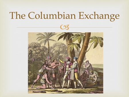  The Columbian Exchange.   The global transfer of foods, plants, and animals during the colonization of the Americas.  Items brought back from America.