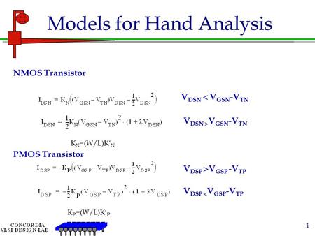 1 Models for Hand Analysis NMOS Transistor PMOS Transistor V DSN  V GSN -V TN V DSN  V GSN -V TN V DSP  V GSP -V TP V DSP  V GSP -V TP K N =(W/L)K’
