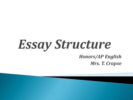 Honors/AP English Mrs. T. Crapse.  Intro. – General to specific–ends w/thesis  Literary essay – Give background info. for your reader to understand.