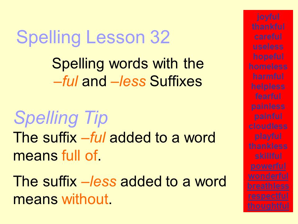 Spelling Lesson 32 Spelling words with the –ful and –less Suffixes joyful  thankful careful useless hopeful homeless harmful helpless fearful painless  painful. - ppt download