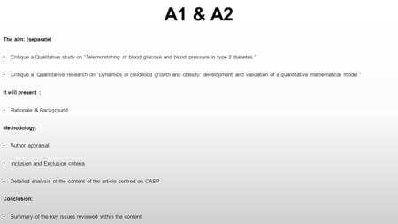 A1 & A2 The aim: (separate) Critique a Qualitative study on “Telemonitoring of blood glucose and blood pressure in type 2 diabetes.” Critique a Quantitative.