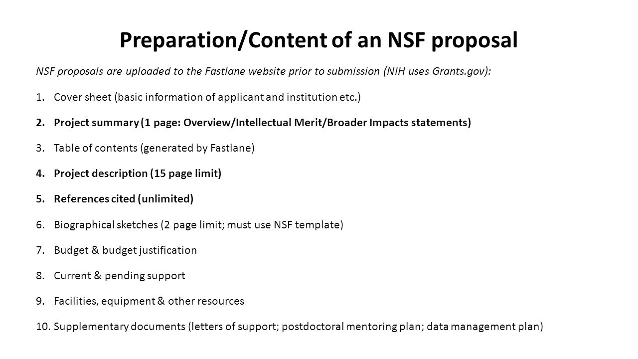 Preparation/Content of an NSF proposal NSF proposals are uploaded