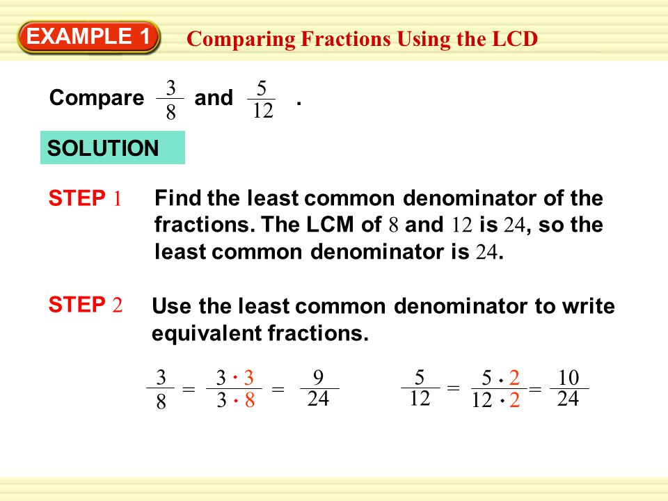 EXAMPLE 1 Comparing Fractions Using the LCD SOLUTION Find the least common  denominator of the fractions. The LCM of 8 and 12 is 24, so the least  common. - ppt download