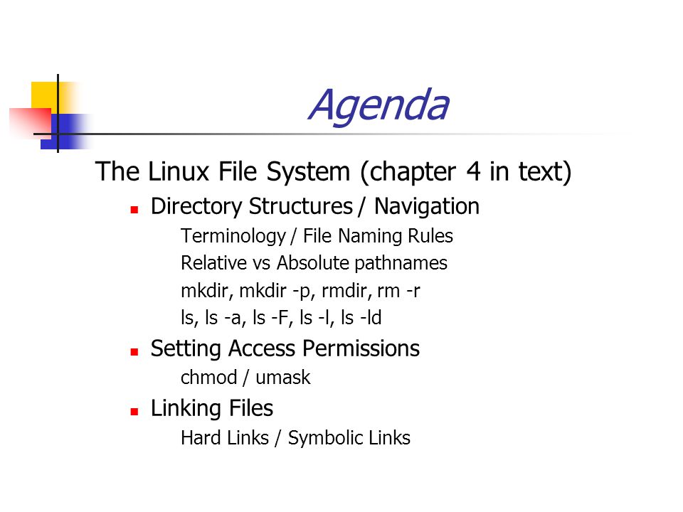 Agenda The Linux File System (chapter 4 in text) Directory Structures /  Navigation Terminology / File Naming Rules Relative vs Absolute pathnames  mkdir, - ppt download