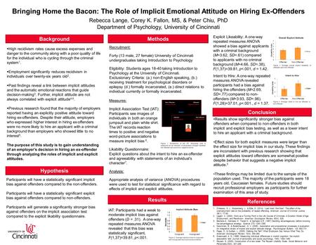 Bringing Home the Bacon: The Role of Implicit Emotional Attitude on Hiring Ex-Offenders Rebecca Lange, Corey K. Fallon, MS, & Peter Chiu, PhD Department.