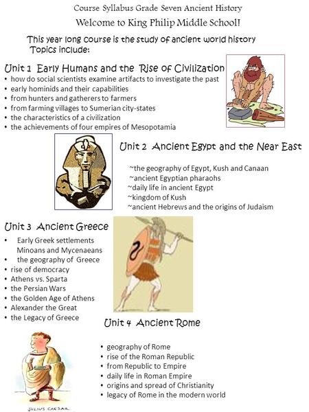Course Syllabus Grade Seven Ancient History Welcome to King Philip Middle School! This year long course is the study of ancient world history Topics include: