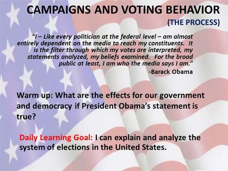 CAMPAIGNS AND VOTING BEHAVIOR (THE PROCESS) Daily Learning Goal: I can explain and analyze the system of elections in the United States. “I – Like every.