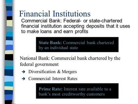 Financial Institutions Commercial Bank: Federal- or state-chartered financial institution accepting deposits that it uses to make loans and earn profits.