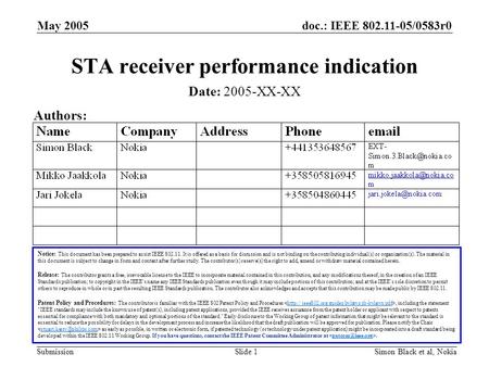 Doc.: IEEE /0583r0 Submission May 2005 Simon Black et al, NokiaSlide 1 STA receiver performance indication Notice: This document has been prepared.